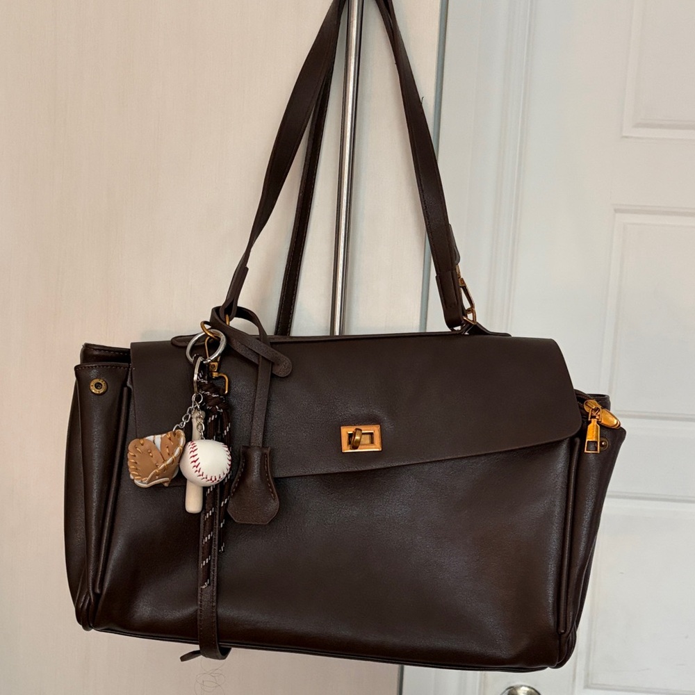 Classic Dark Brown Leather Shoulder Bag with Gold-Tone Hardware